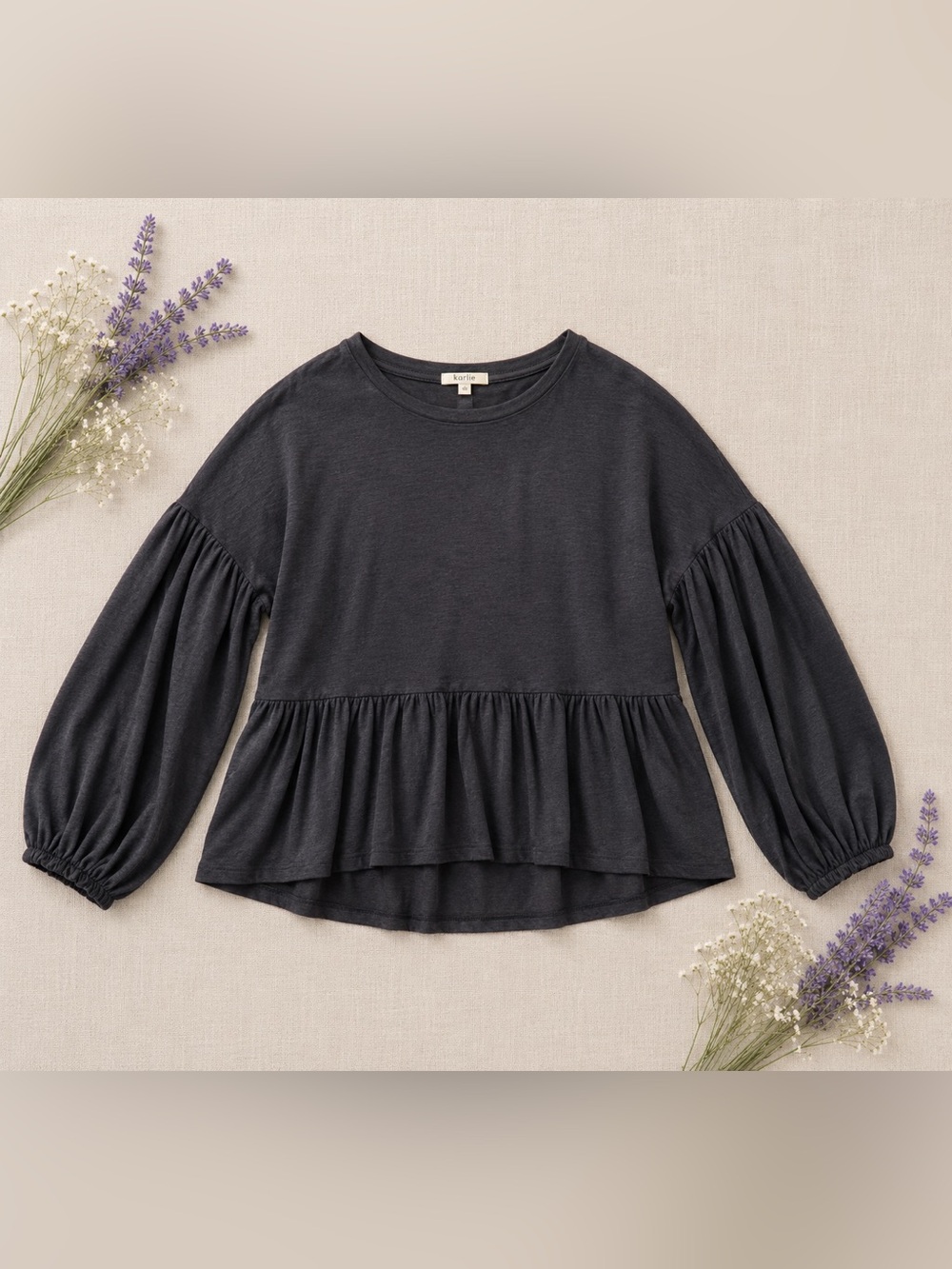 Karlie Alma Charcoal Gray Peplum Top Balloon Sleeve Ruffle Hem Blouse